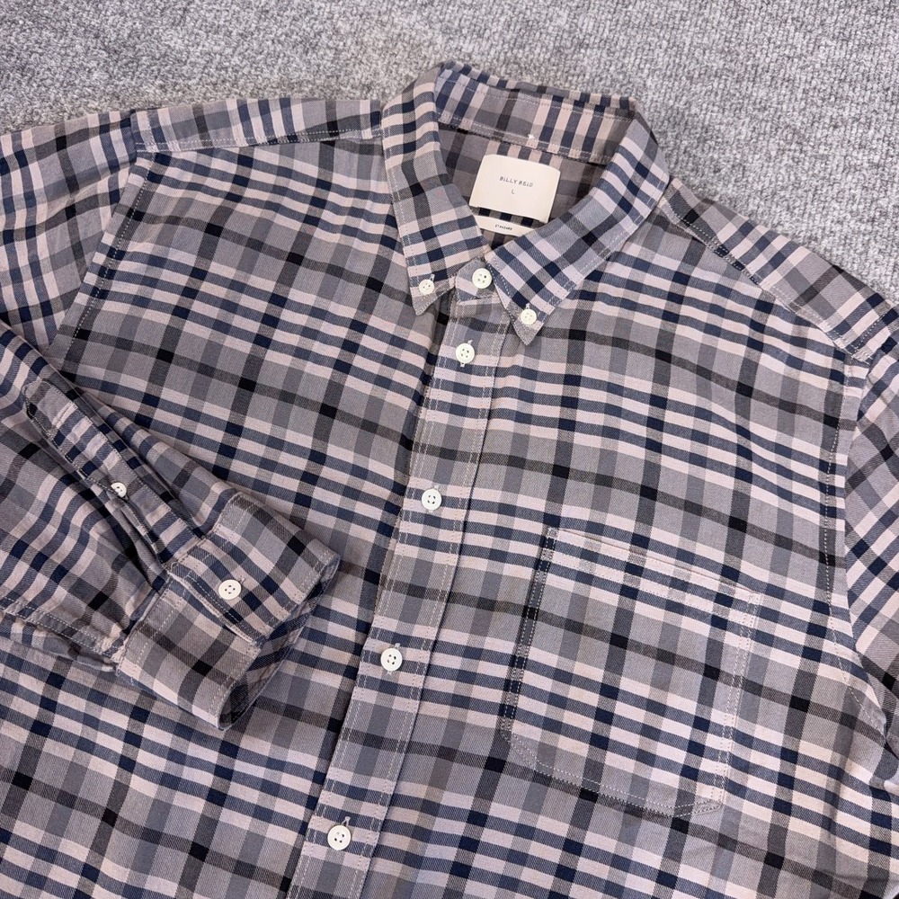Billy Reid Shirt Men Large Gray Tan Plaid Cotton Standard Fit Casual Button Down